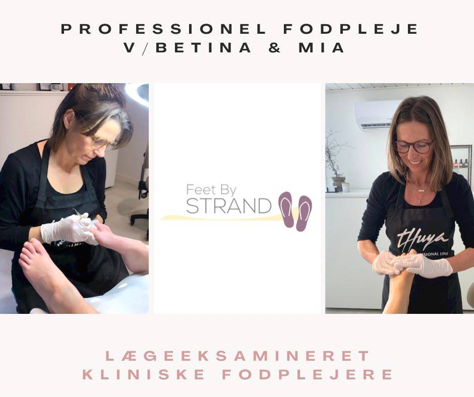 Billedet viser diplom af Mia og Betinas bevis på lægeeksamineret fodplejer. Det viser og så fotos af. Deres arbejde i fodklinikken Feet By Strand.