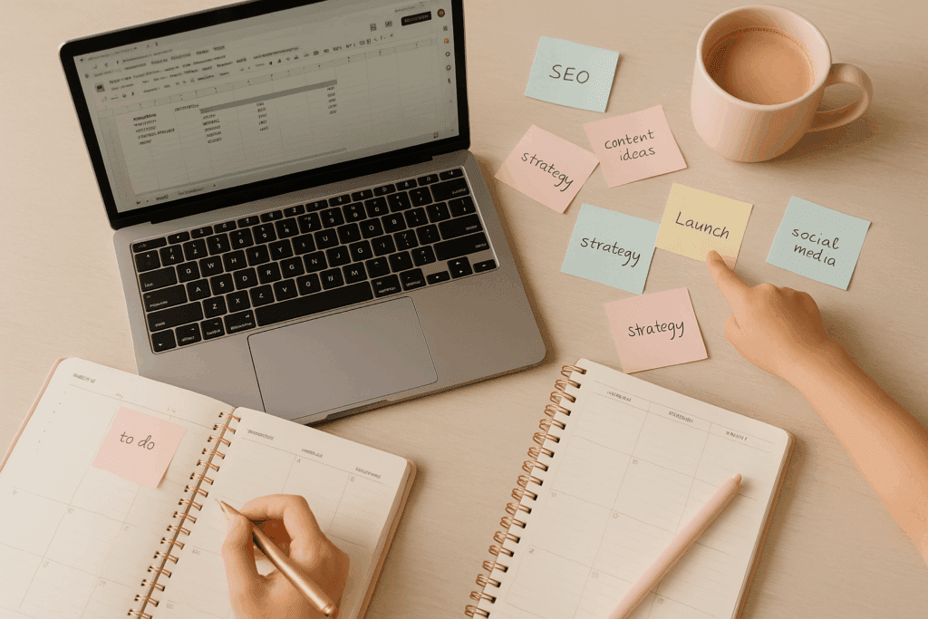 Billedet viser laptop og post-its og notesbøger og kvindehænder der koordinerer.