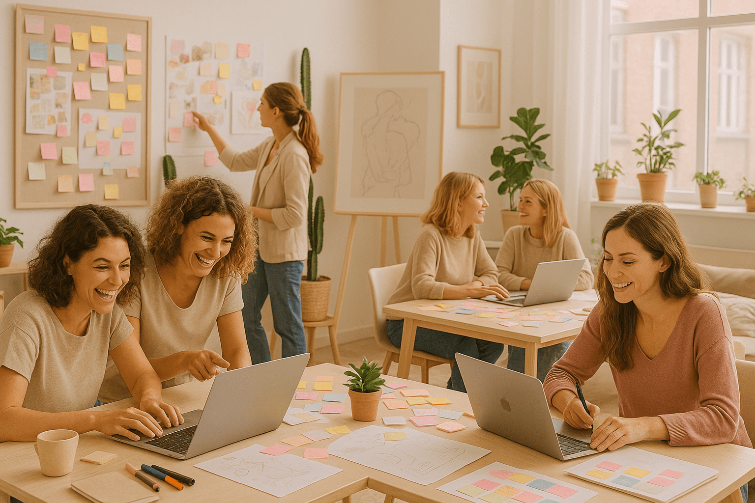 Billedet viser kvindelige iværksættere der arbejder på at opbygge deres forretning og få styr på platform, betalings gateway, salgsfunnels og sociale medier og alt andet, der skal til for at bygge en forretning.