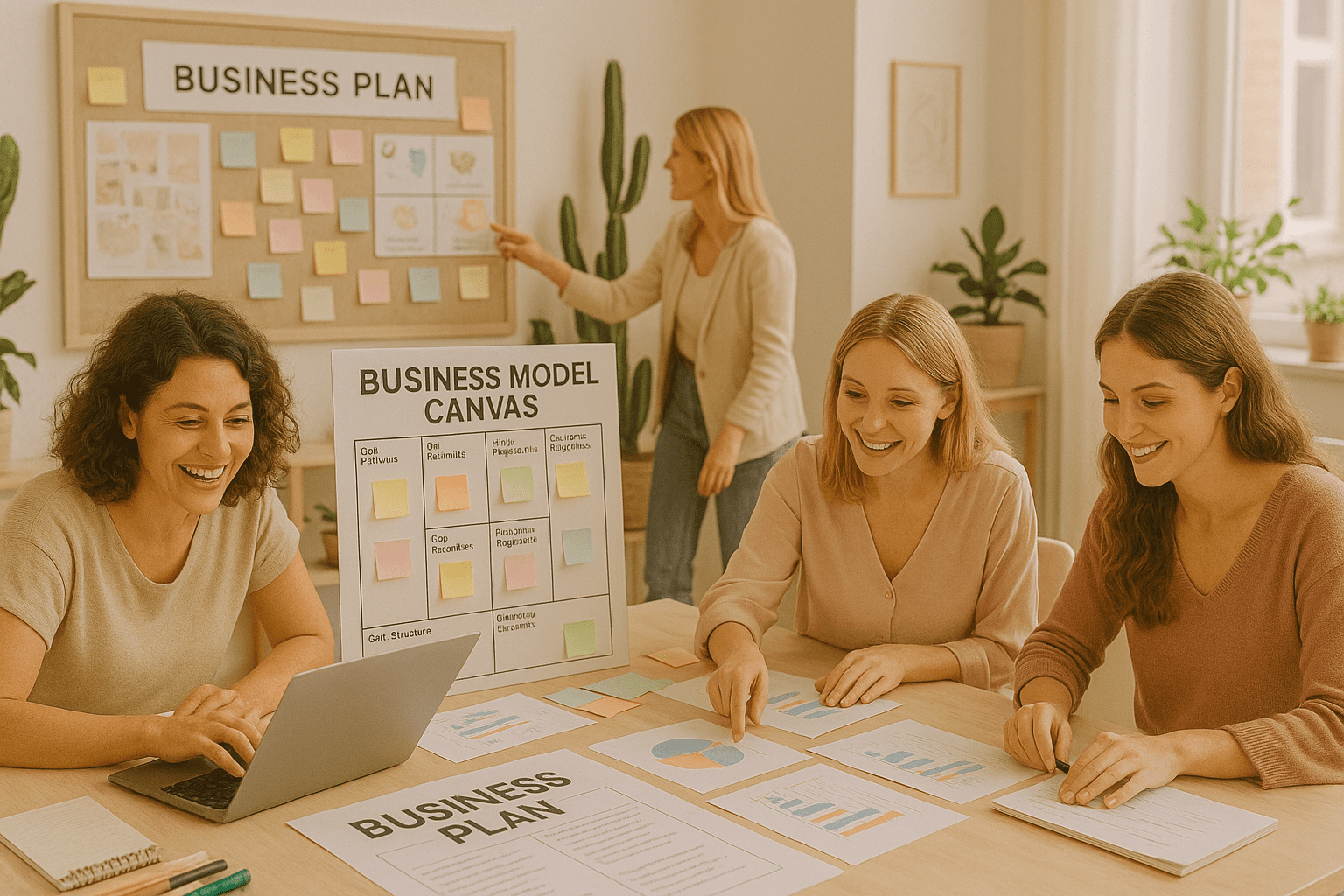 Billedet viser en workshop, hvor kvindelige iværksættere brainstormer og udarbejder deres forretningsplaner og strategisk platform.